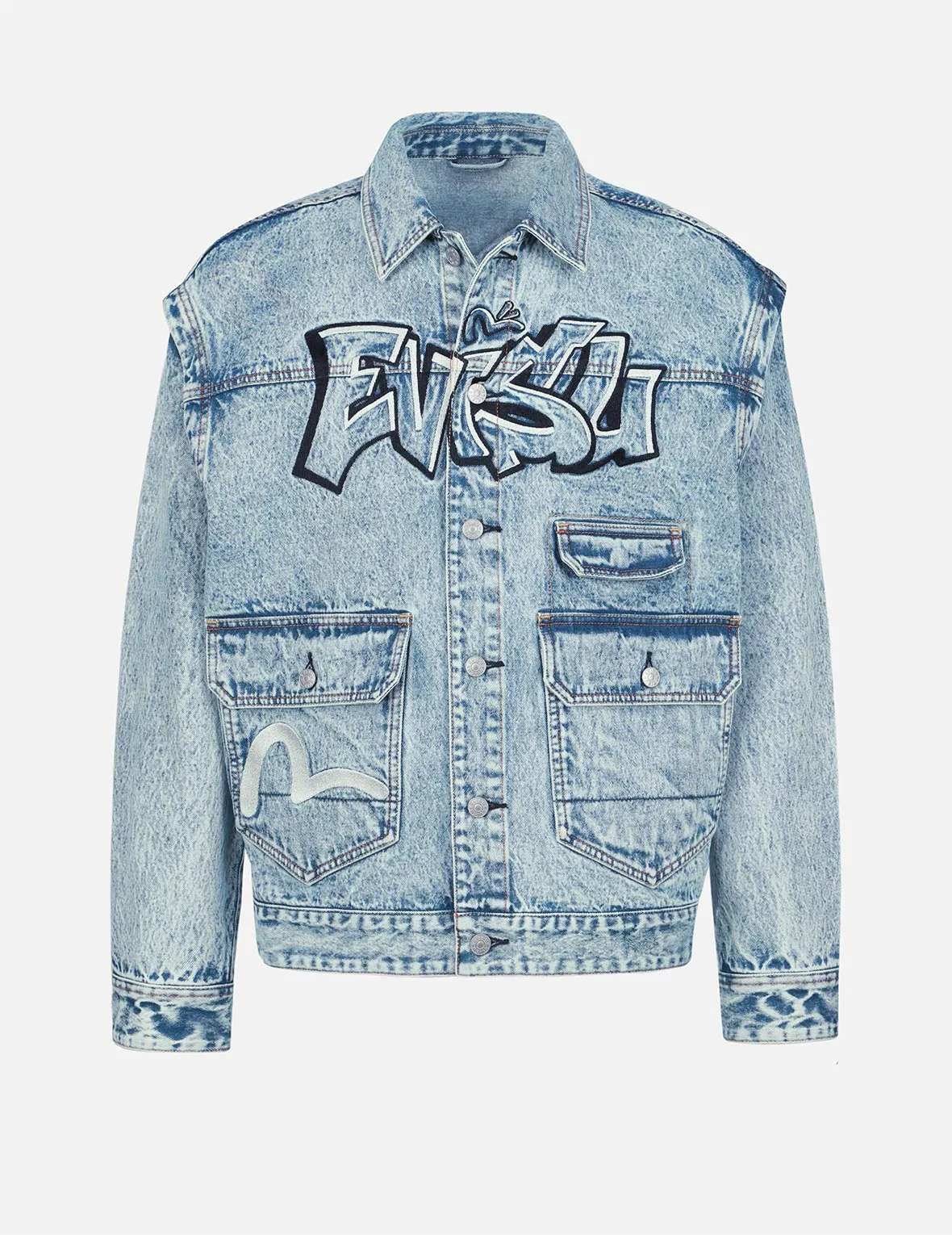 Graffiti Logo Embroidery Denim Jacket with Detachable Sleeves