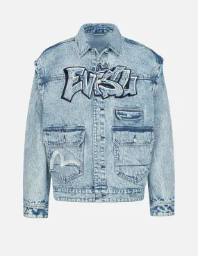 Graffiti Logo Embroidery Denim Jacket with Detachable Sleeves