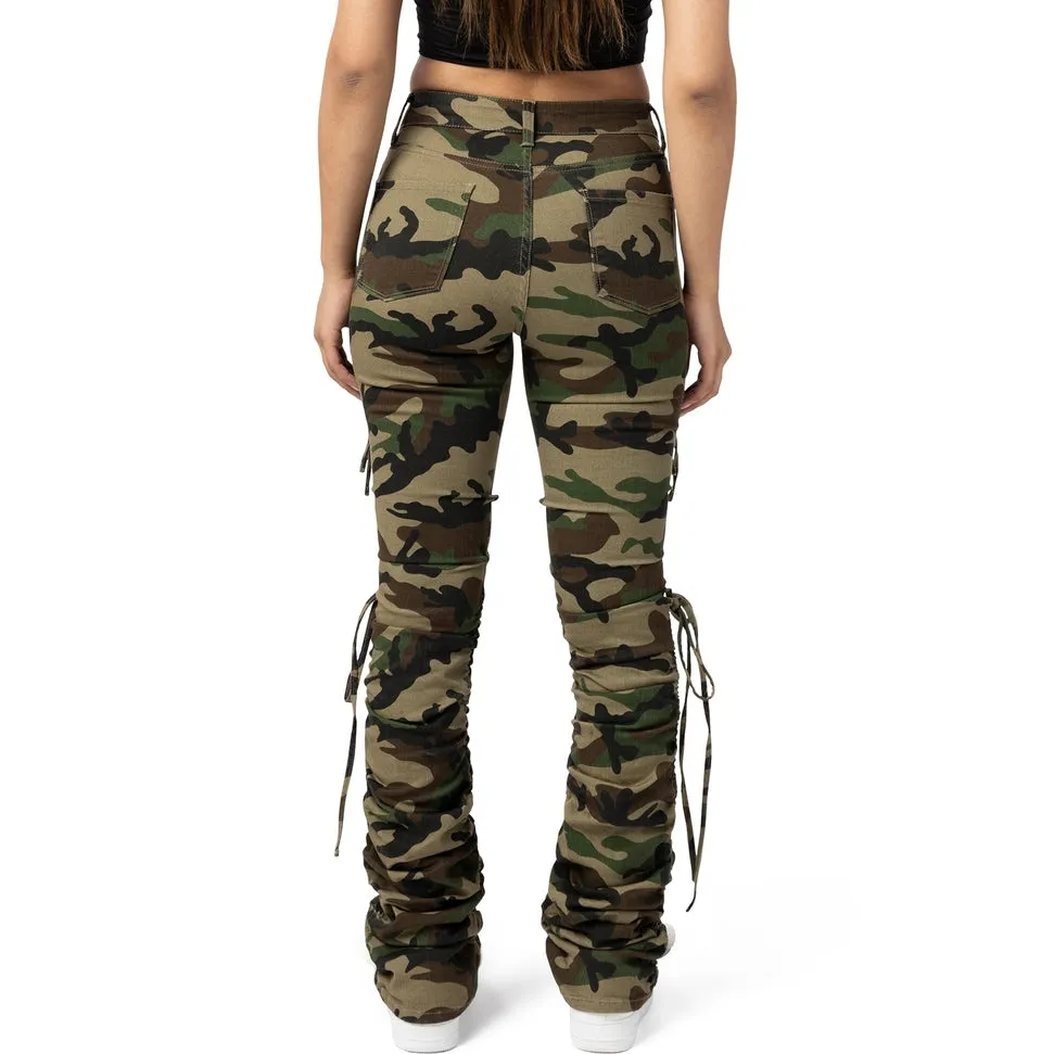 High Rise Bootcut Strap Twill Pants - Wood Camo