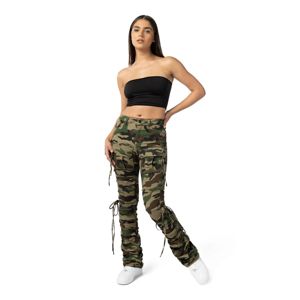 High Rise Bootcut Strap Twill Pants - Wood Camo