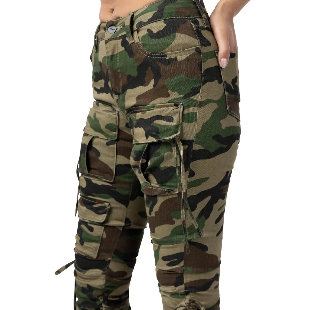 High Rise Bootcut Strap Twill Pants - Wood Camo