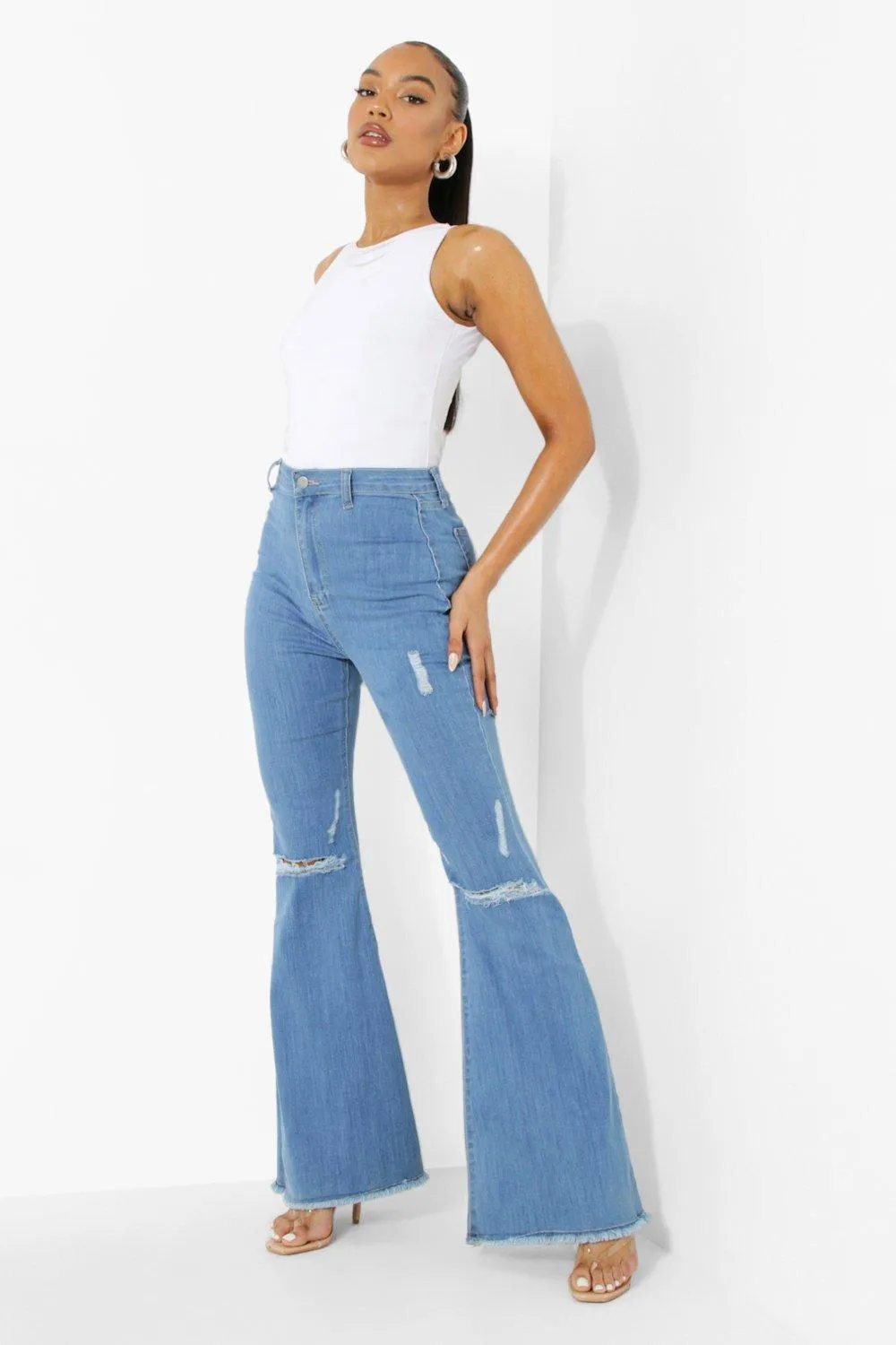 High Waist Ripped Stretch Flare Jeans