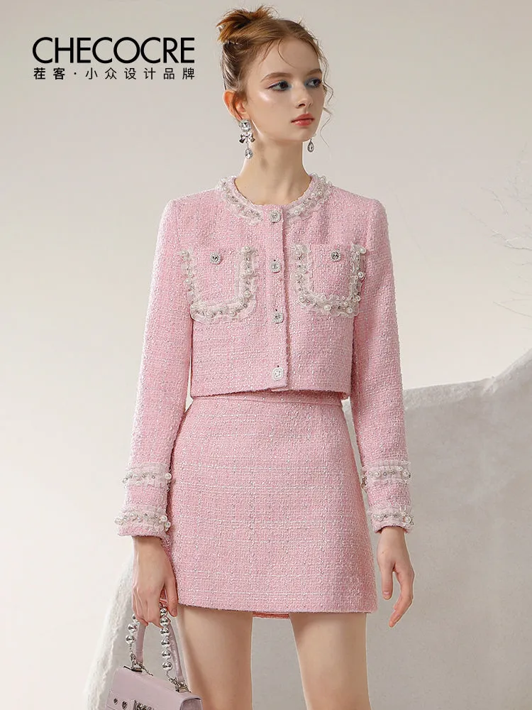 Jacket＆Mini-Skirt Tweed Suit Feminine Lace Pearl Frill Set-Up