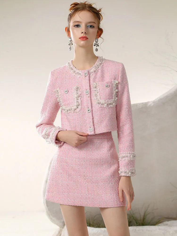 Jacket＆Mini-Skirt Tweed Suit Feminine Lace Pearl Frill Set-Up