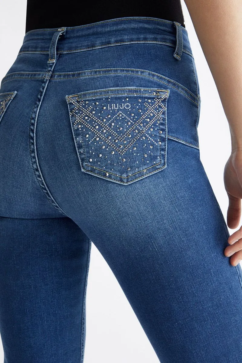 Jeans skinny bottom up con strass donna Denim