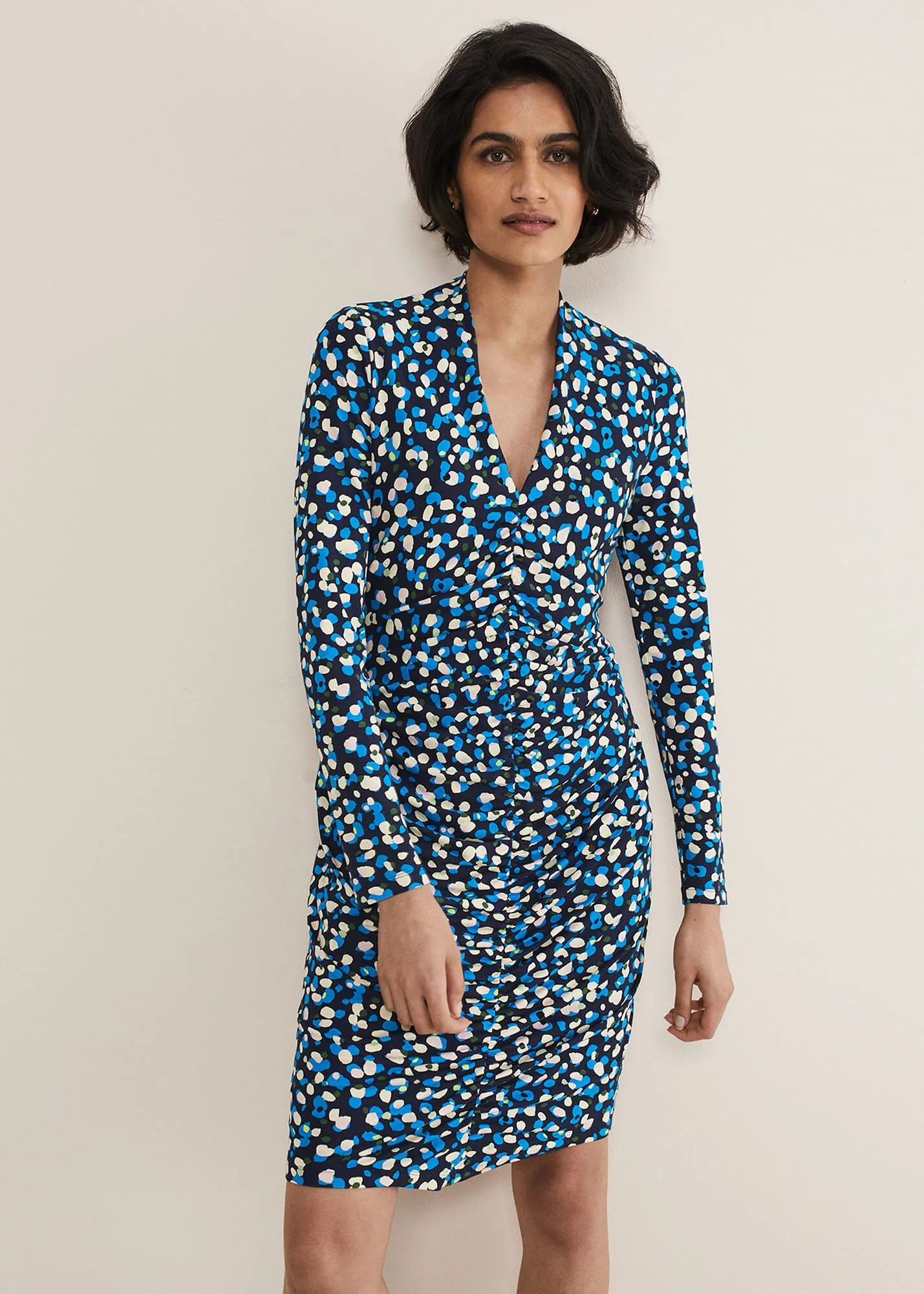 Juno Ruched V Neck Dotty Bodycon Dress