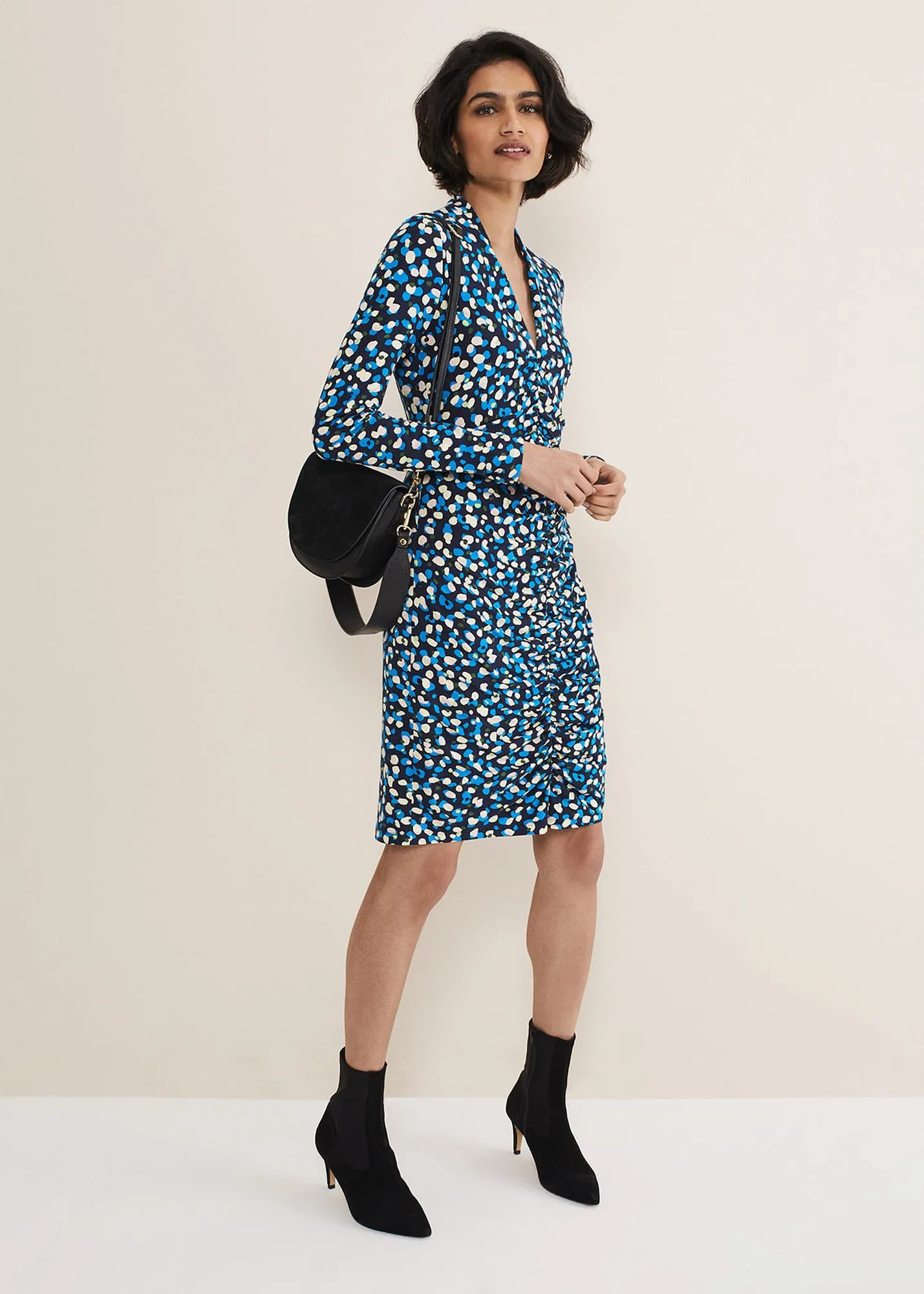 Juno Ruched V Neck Dotty Bodycon Dress