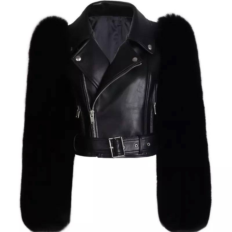 Leather Biker Jacket With Fluffy Fur Sleeves