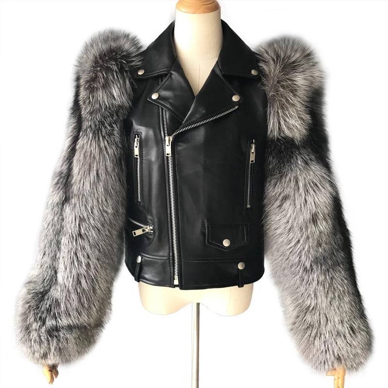 Leather Biker Jacket With Fluffy Fur Sleeves