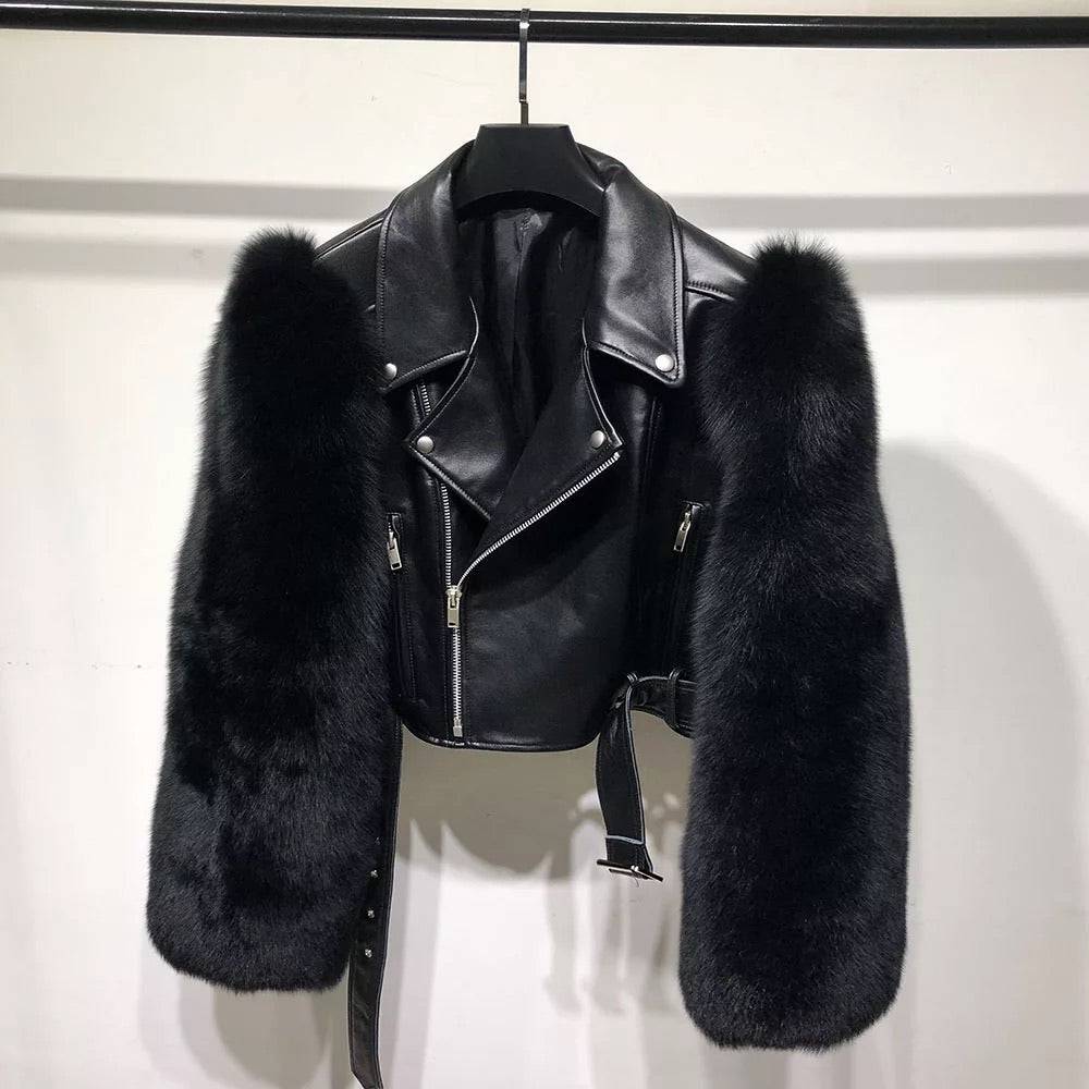 Leather Biker Jacket With Fluffy Fur Sleeves