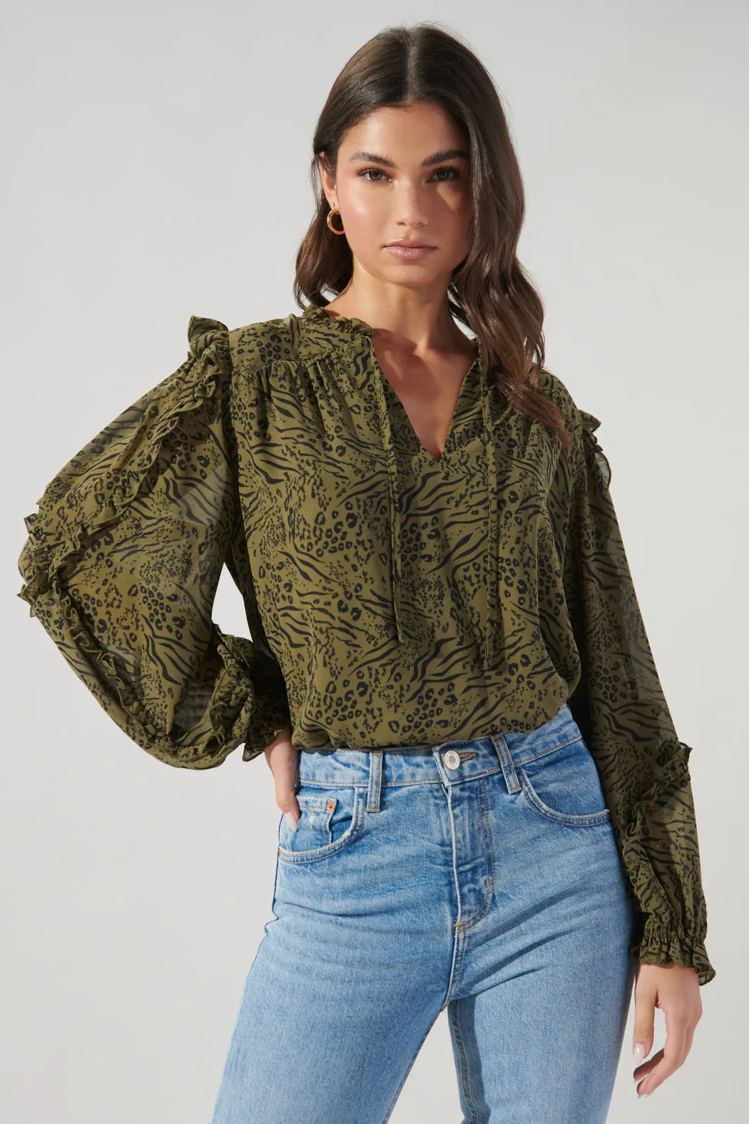 Leonna Olive Leopard Raj Ruffle Balloon Sleeve Blouse