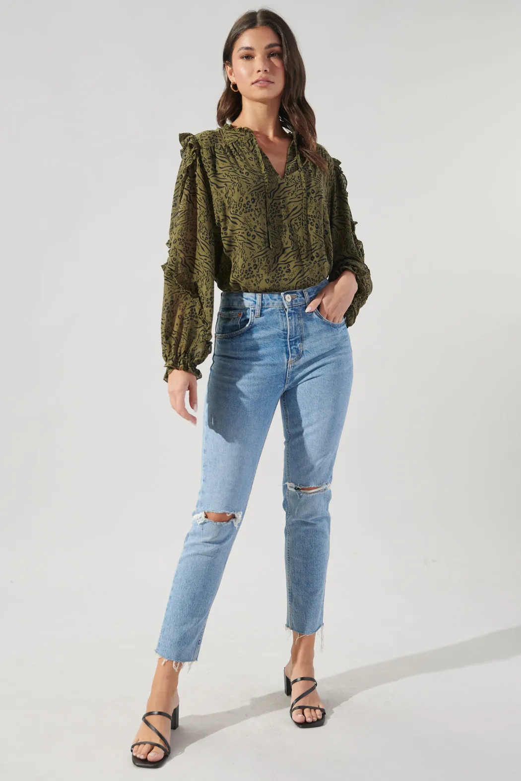 Leonna Olive Leopard Raj Ruffle Balloon Sleeve Blouse