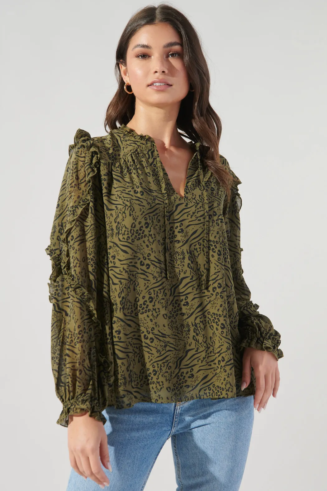 Leonna Olive Leopard Raj Ruffle Balloon Sleeve Blouse