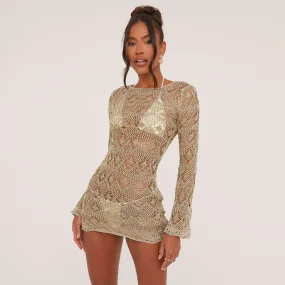 Long Flared Sleeve Mini Bodycon Beach Dress In Sage Green Crochet Knit