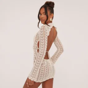 Long Sleeve Tie Open Back Mini Bodycon Dress In Stone Crochet Knit