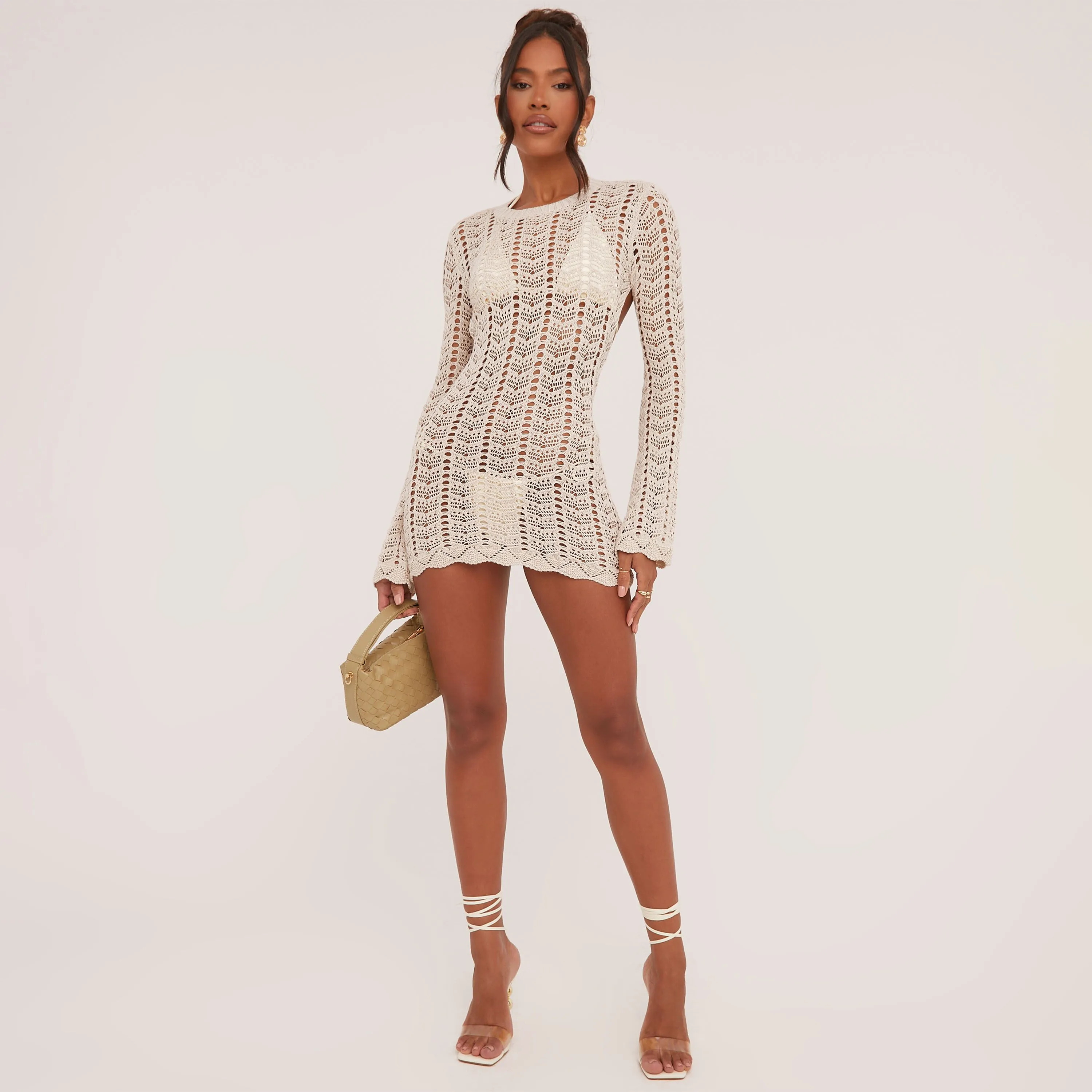 Long Sleeve Tie Open Back Mini Bodycon Dress In Stone Crochet Knit