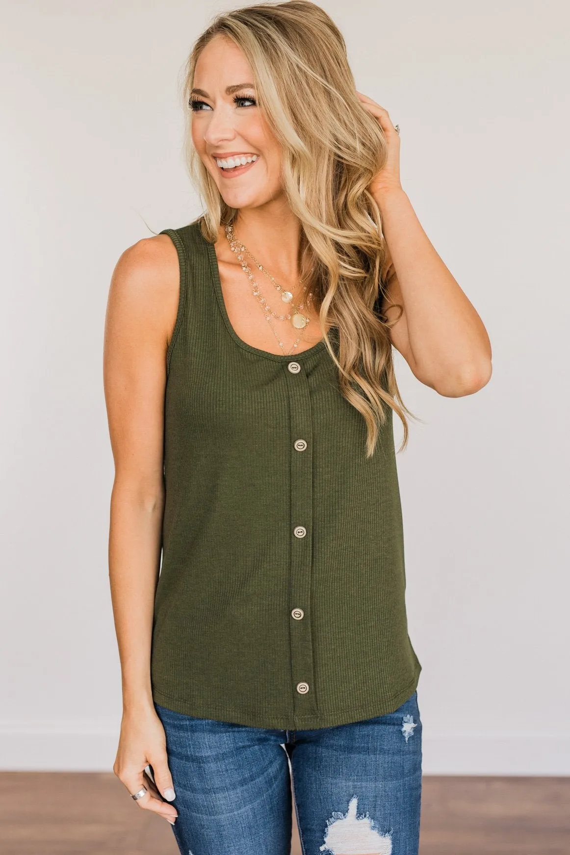 Loving Myself Ribbed Knit Tank Top- Dark Olive