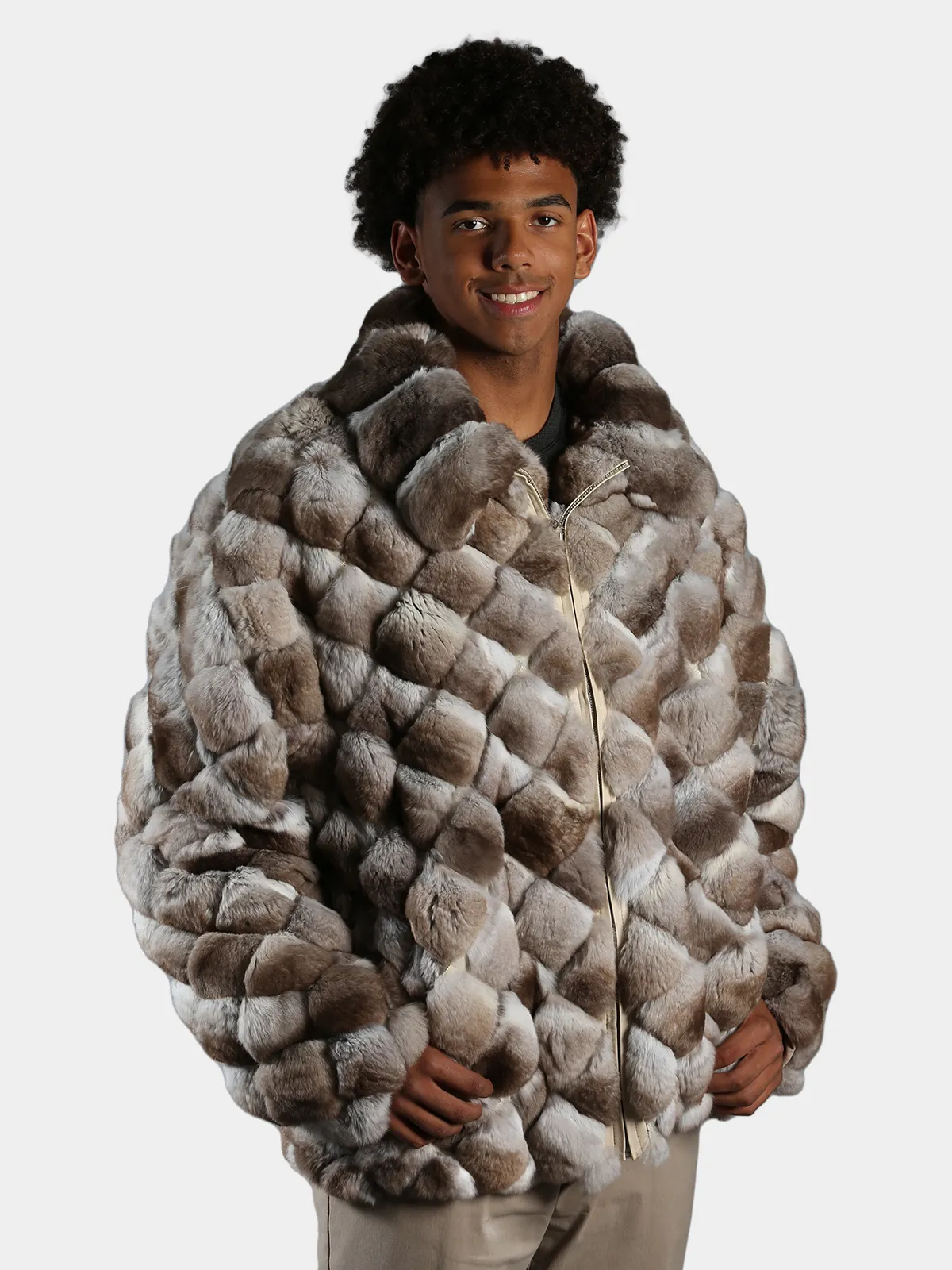 Man's Beige Dyed Chinchilla Square Sections Fur Jacket - Day Furs