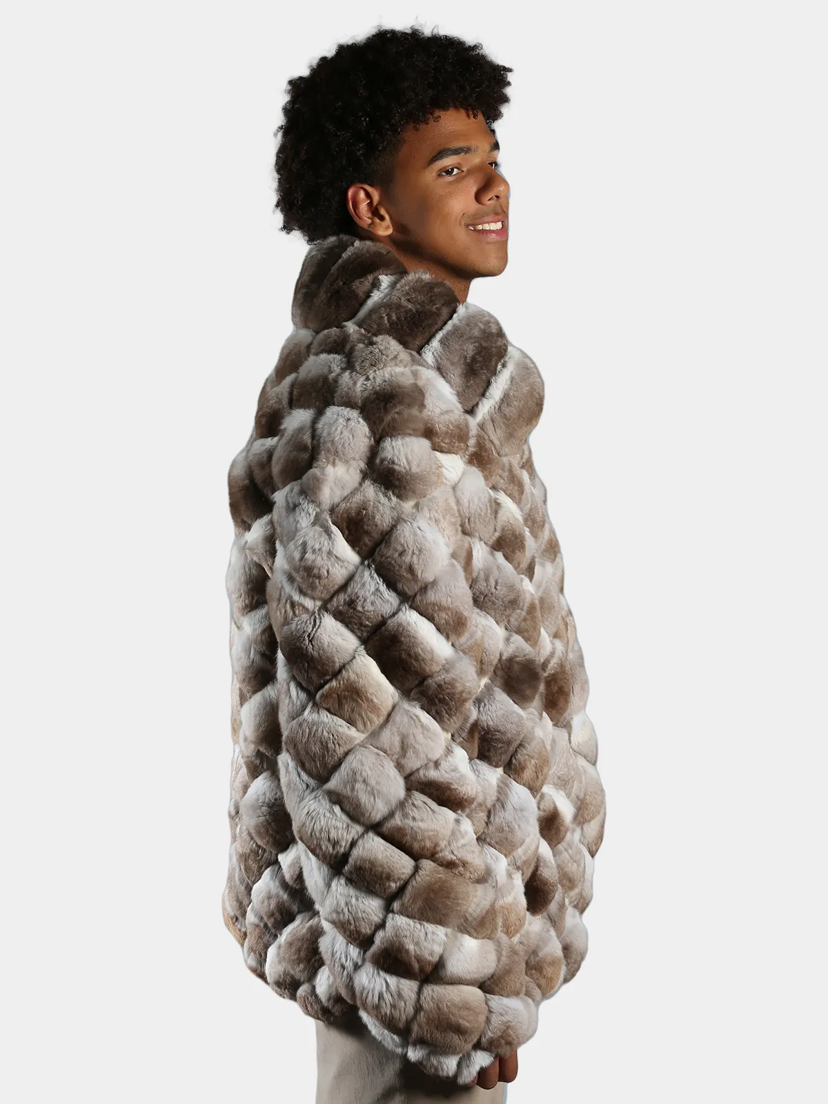 Man's Beige Dyed Chinchilla Square Sections Fur Jacket - Day Furs