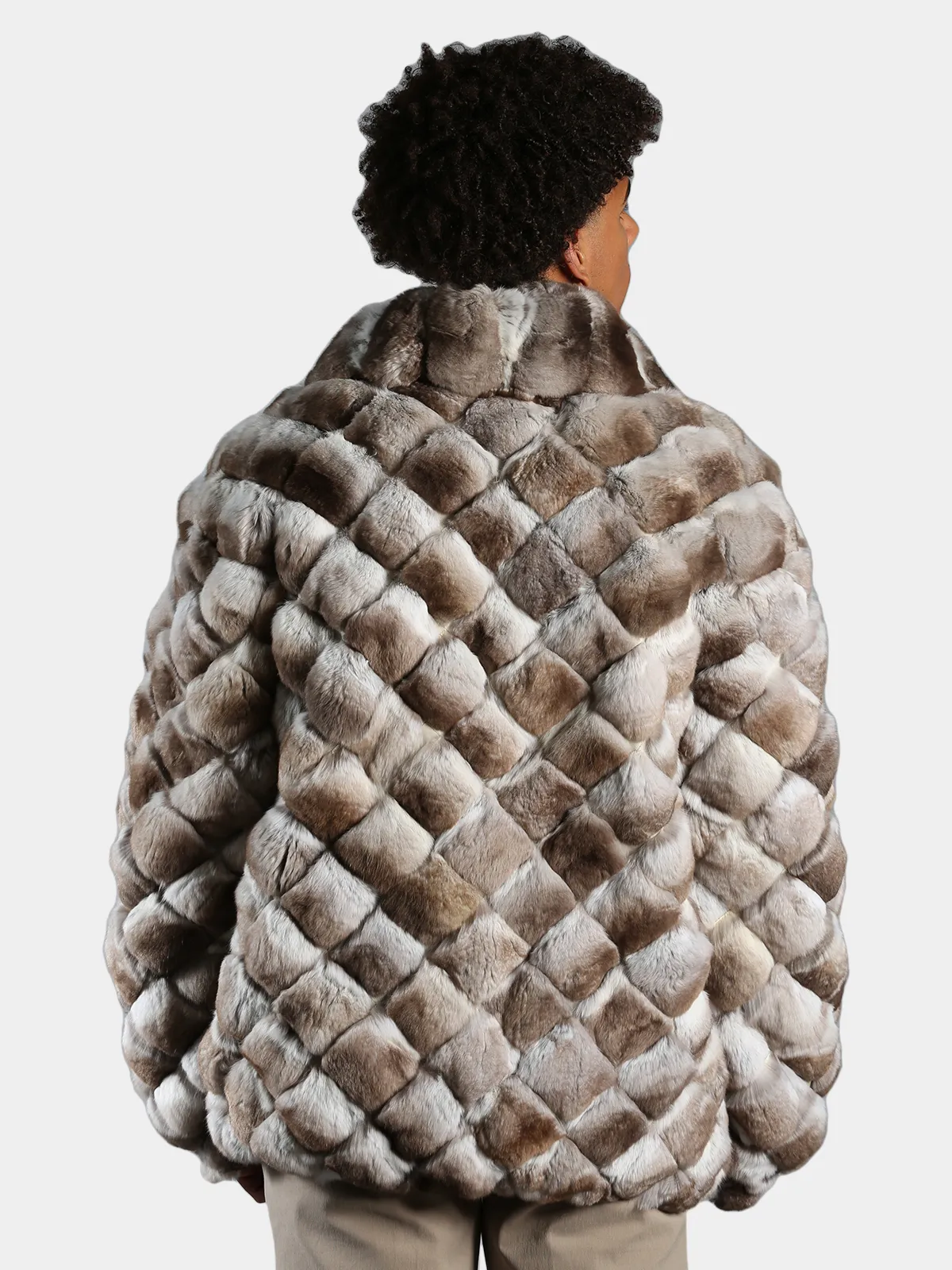 Man's Beige Dyed Chinchilla Square Sections Fur Jacket - Day Furs