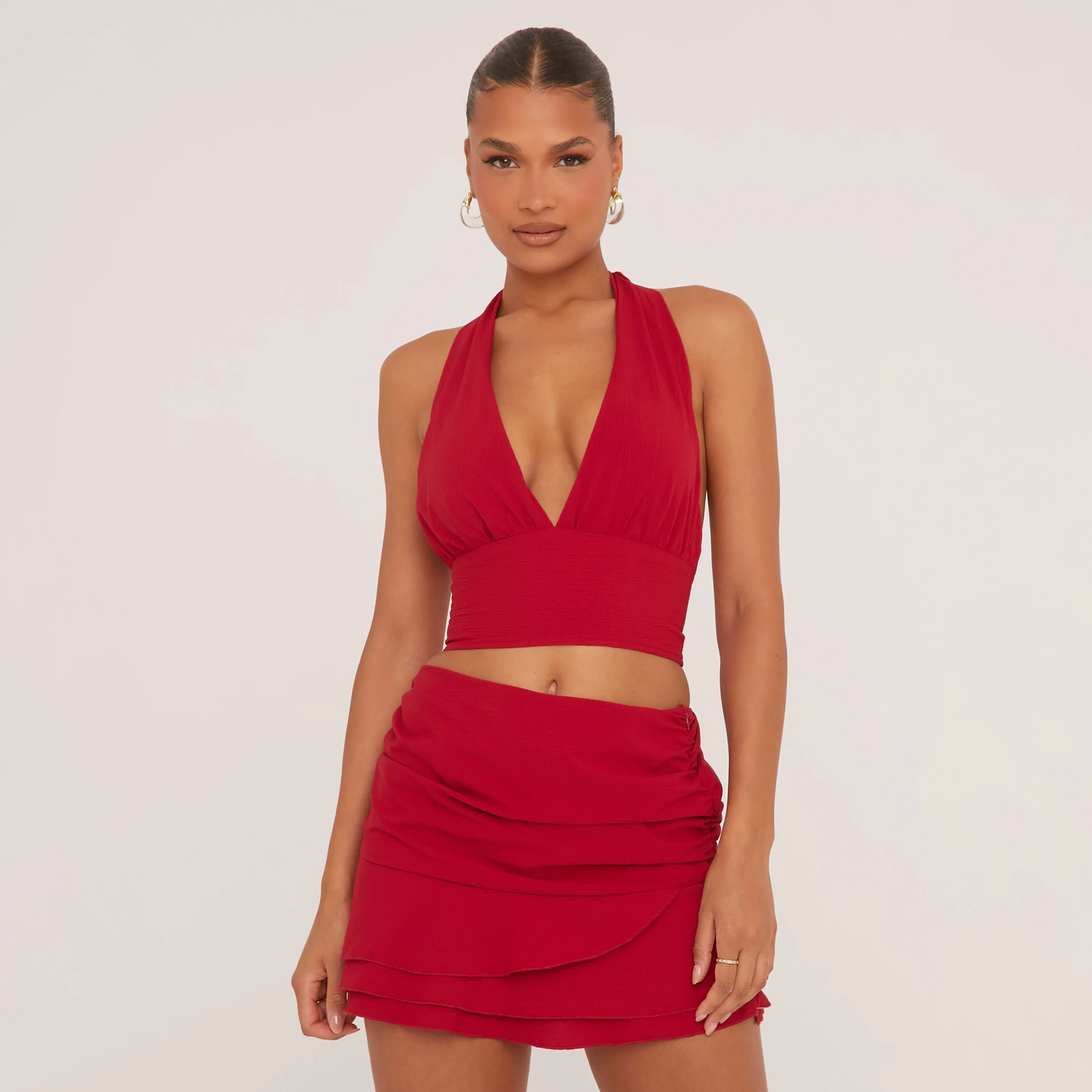 Mid Rise Frill Hem Mini Skirt In Red Woven