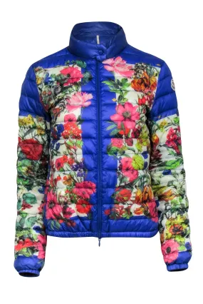 Moncler - Blue Puffer Jacket w/ Multi-Colored Floral Print Sz 2