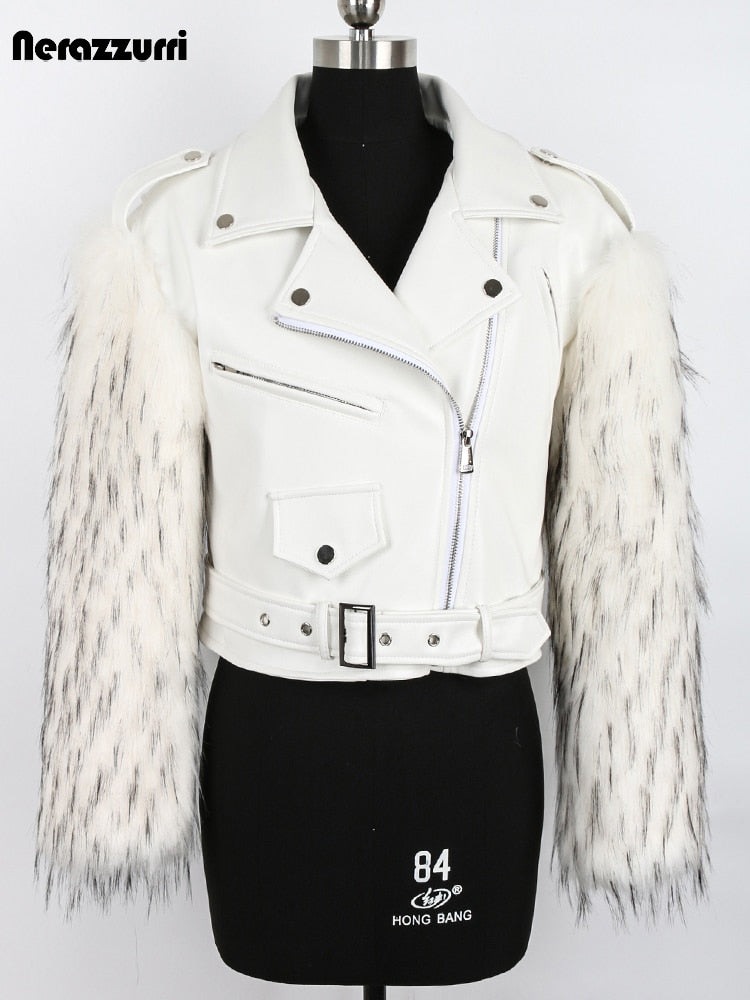 Motorcycle Jackets Winter Thick Warm Cool Short White Leather Biker Jacket with Faux Fur Inside and Long Sleeve Runway Designer 