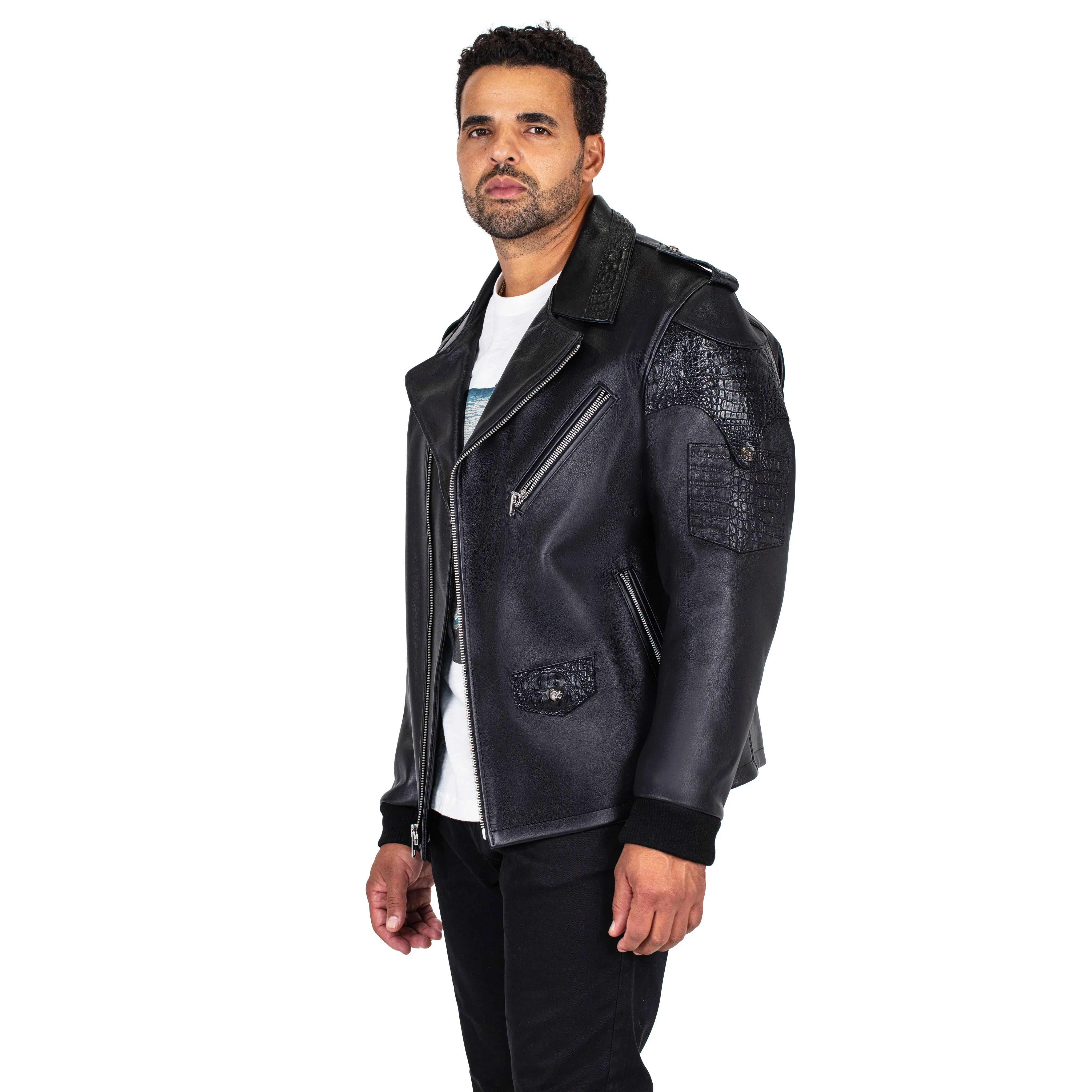 Motorcycle leather jacket with alligator trimming #3021