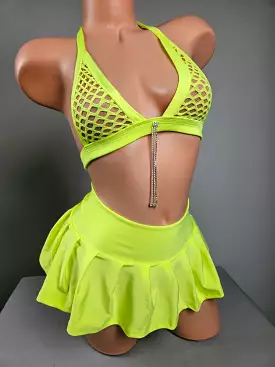 Neon Yellow Pleated Skirt Set