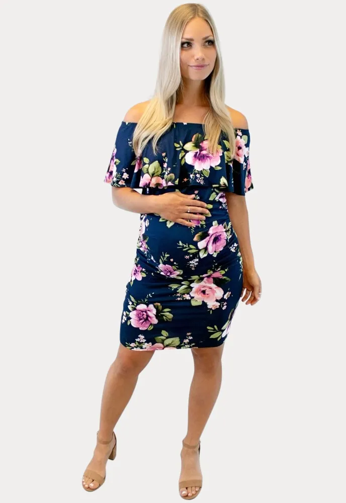 Off the Shoulder Navy Blue Floral Bodycon Maternity Dress