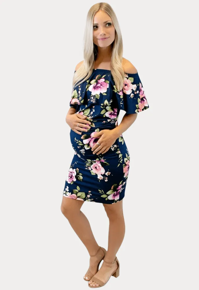 Off the Shoulder Navy Blue Floral Bodycon Maternity Dress