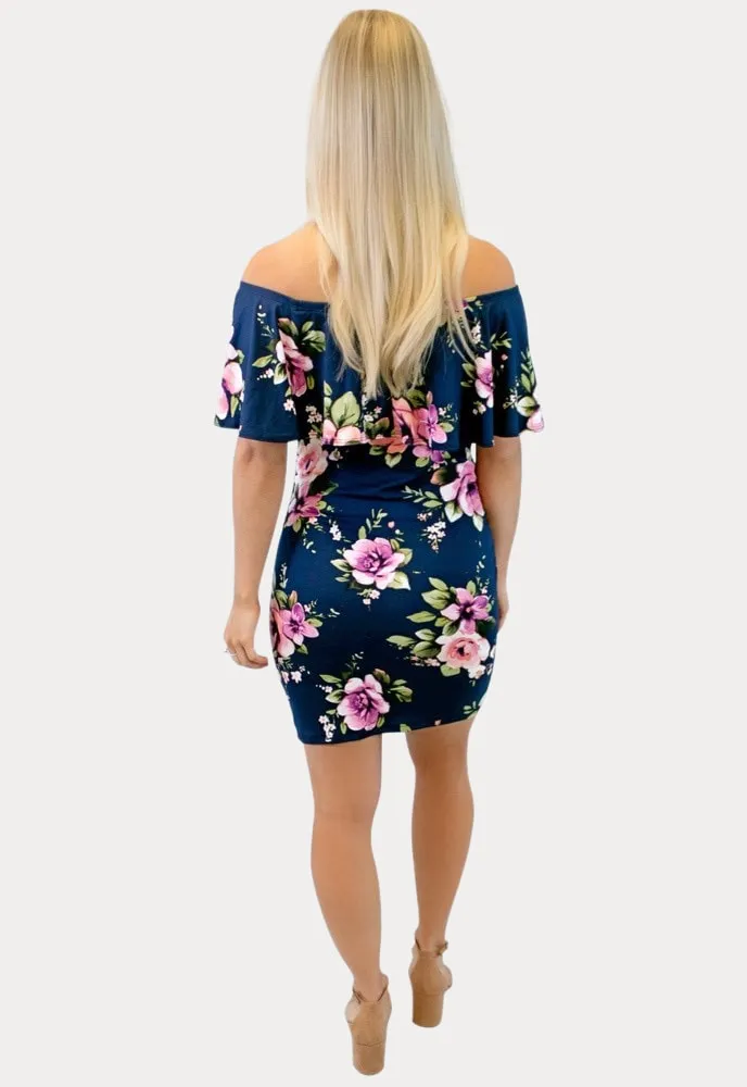 Off the Shoulder Navy Blue Floral Bodycon Maternity Dress