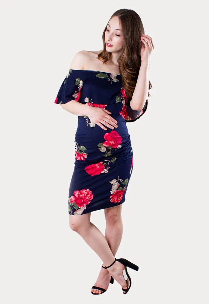 Off the Shoulder Navy Floral Bodycon Maternity Dress