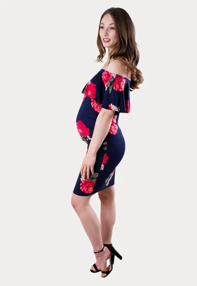 Off the Shoulder Navy Floral Bodycon Maternity Dress