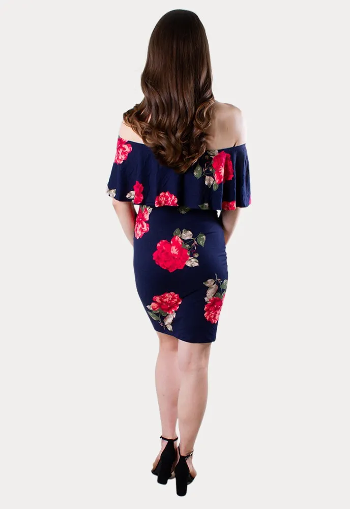 Off the Shoulder Navy Floral Bodycon Maternity Dress