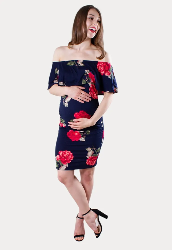 Off the Shoulder Navy Floral Bodycon Maternity Dress