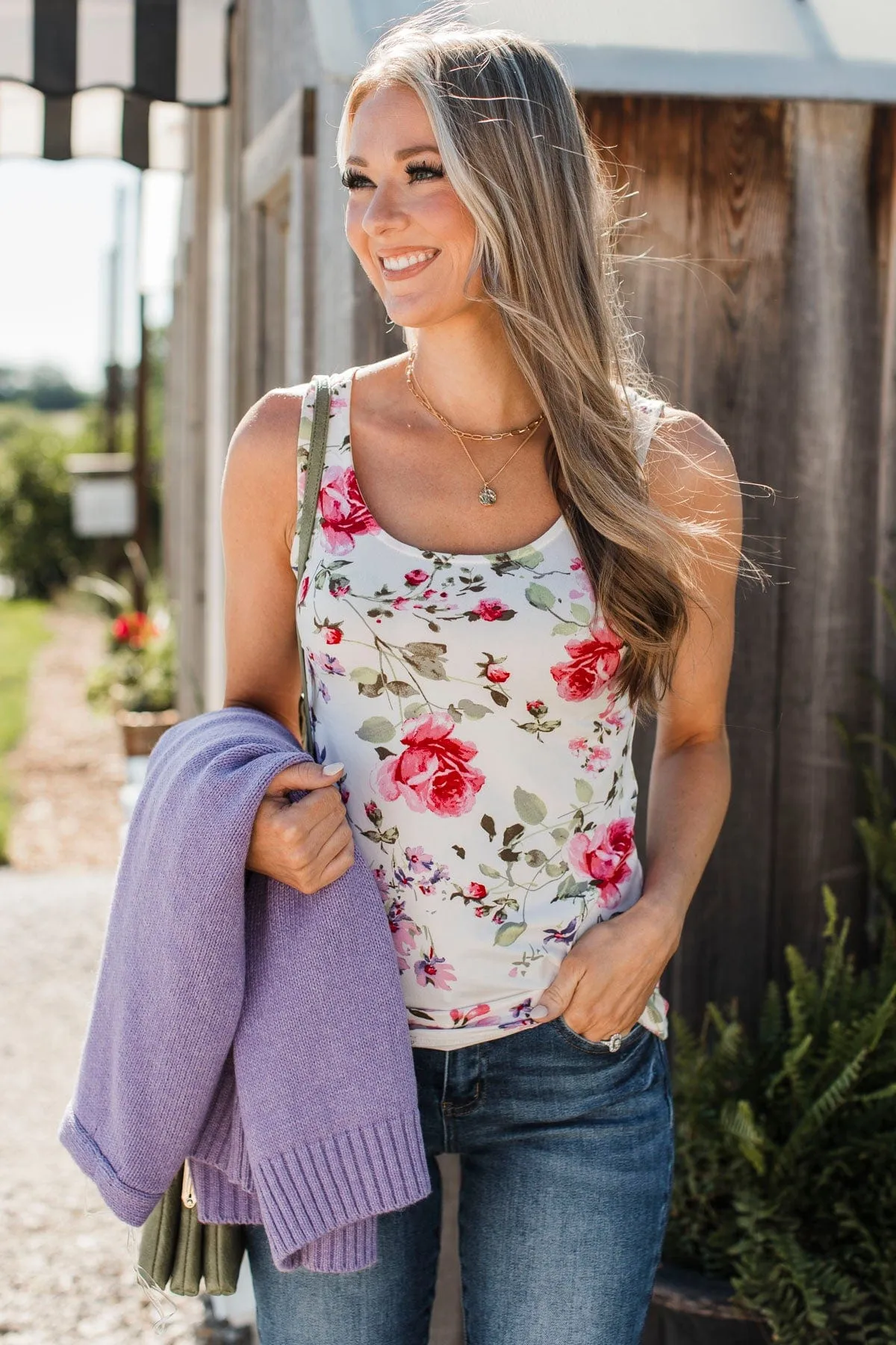 Offer Me The World Floral Tank Top- Ivory & Rose