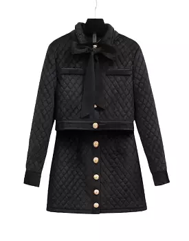 Padded Cotton Jacket Short Skirt Bow Tied Two Piece Set