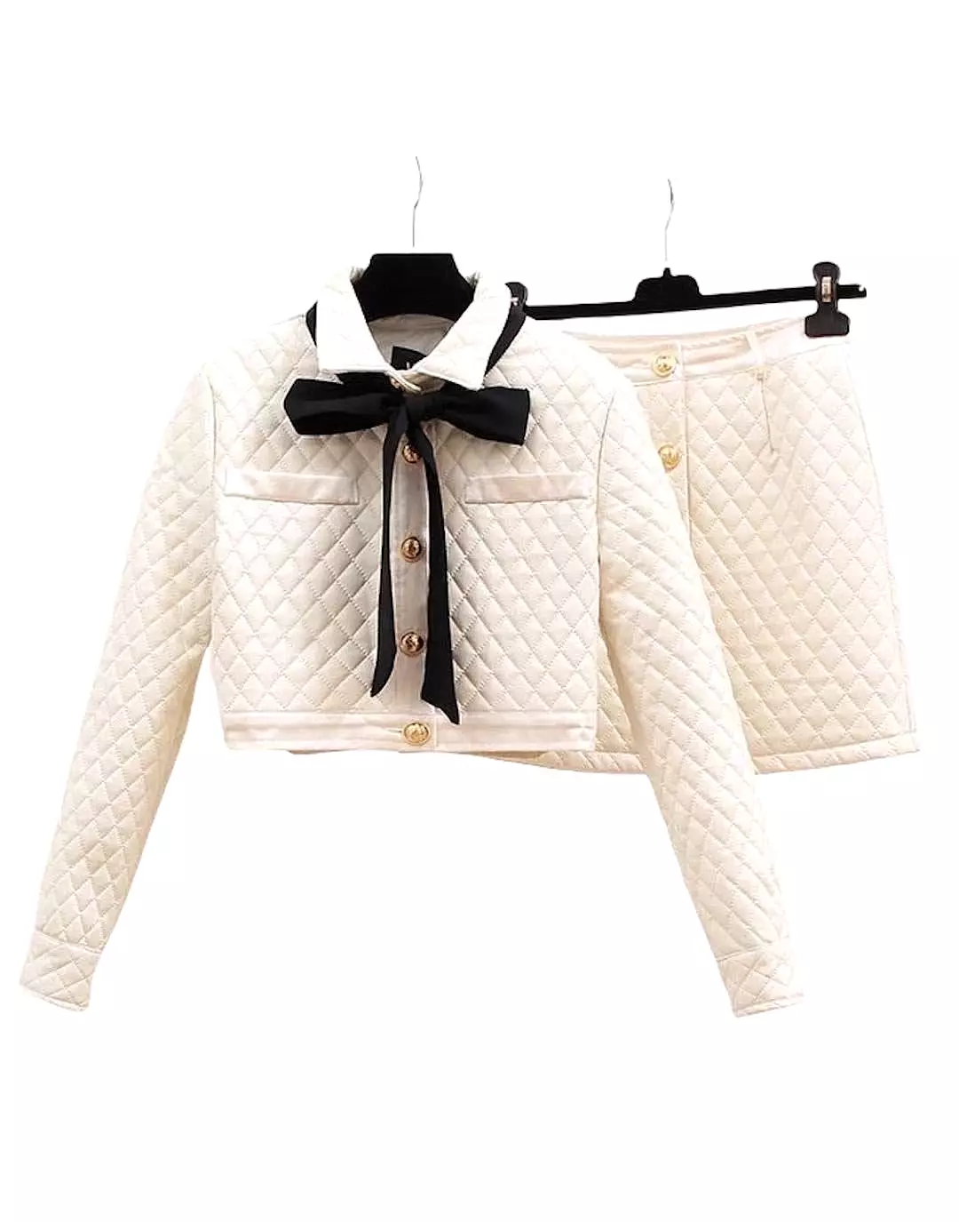 Padded Cotton Jacket Short Skirt Bow Tied Two Piece Set