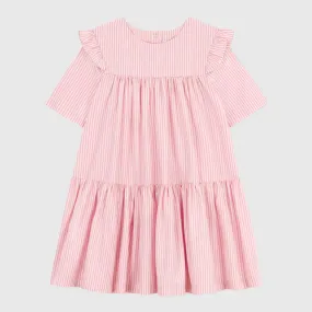 Petit Bateau Pink Striped Dress With Short Sleeves For Girls