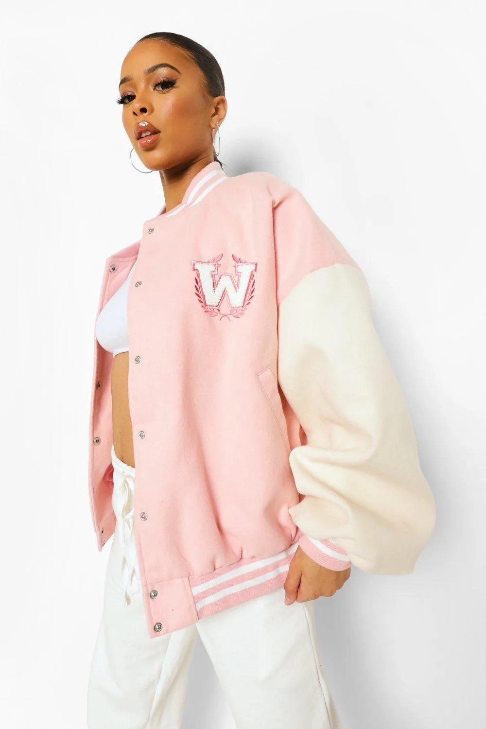 Pink Contrast Sleeve Varsity Jacket