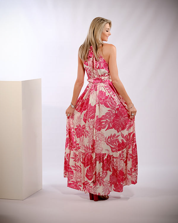 Pink Leaf Print Maxi Dress