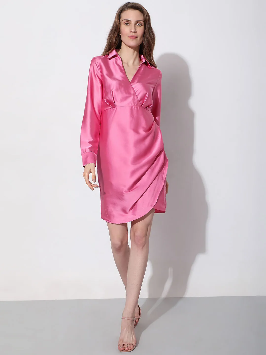 Pink Satin Wrap Shirt Dress