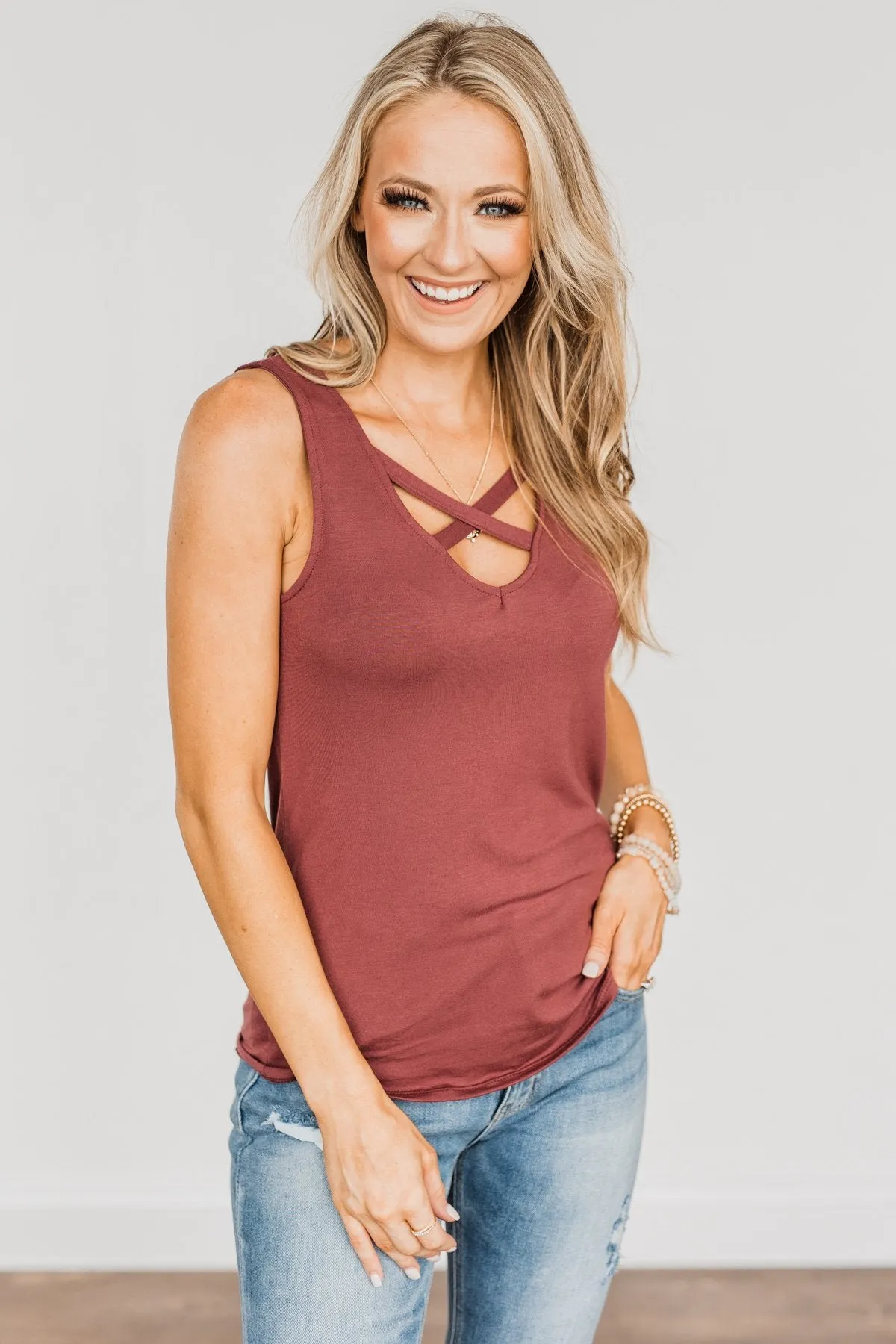 Places To Go Criss-Cross Tank Top- Marsala