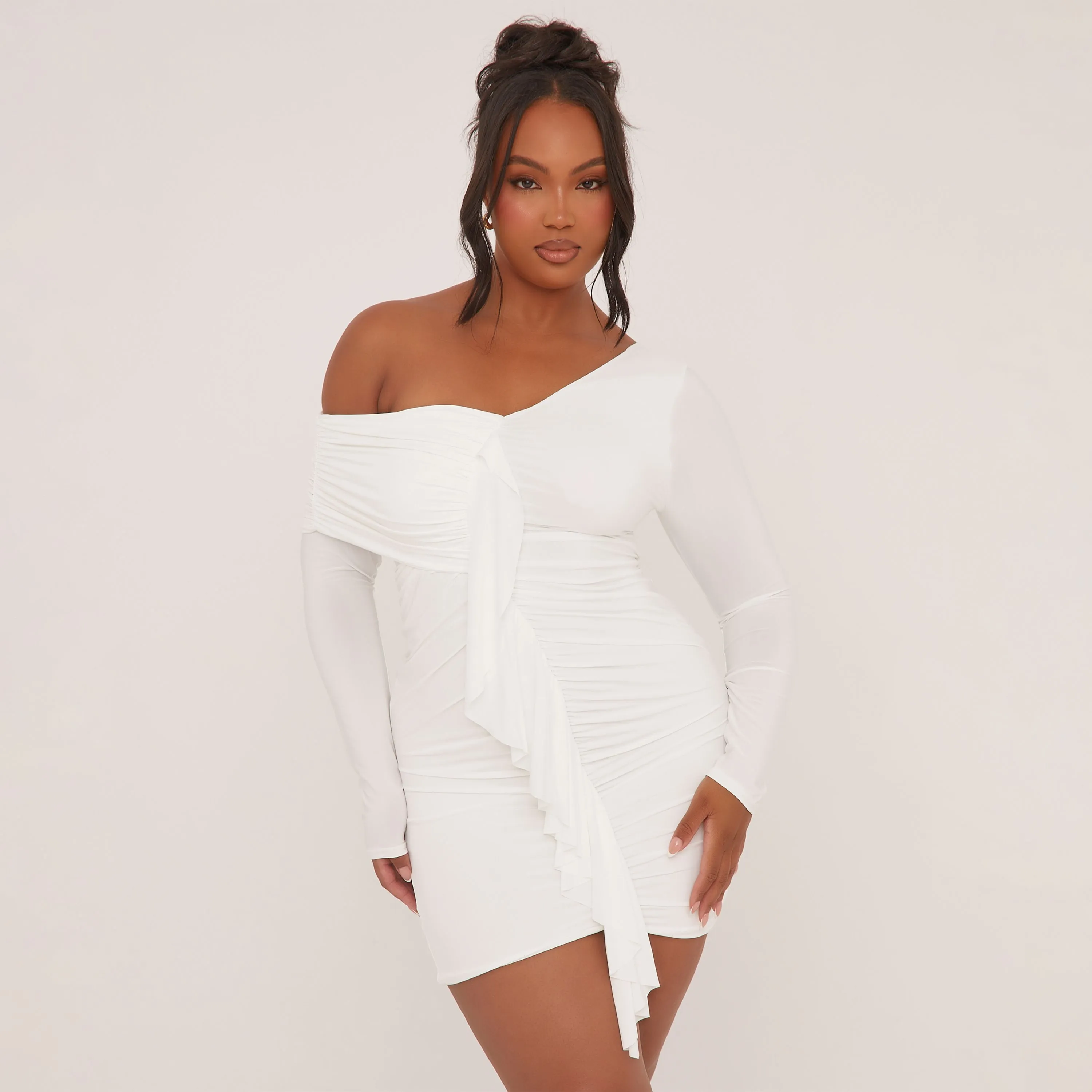 Plus Off The Shoulder Frill Front Mini Bodycon Dress In Cream