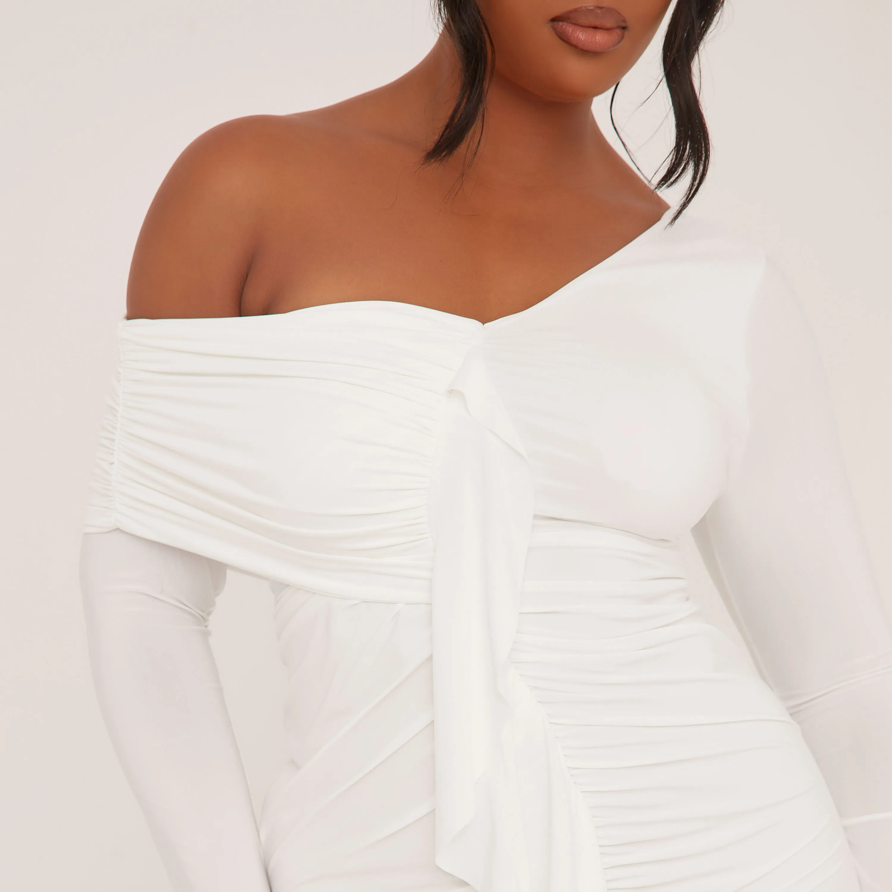 Plus Off The Shoulder Frill Front Mini Bodycon Dress In Cream