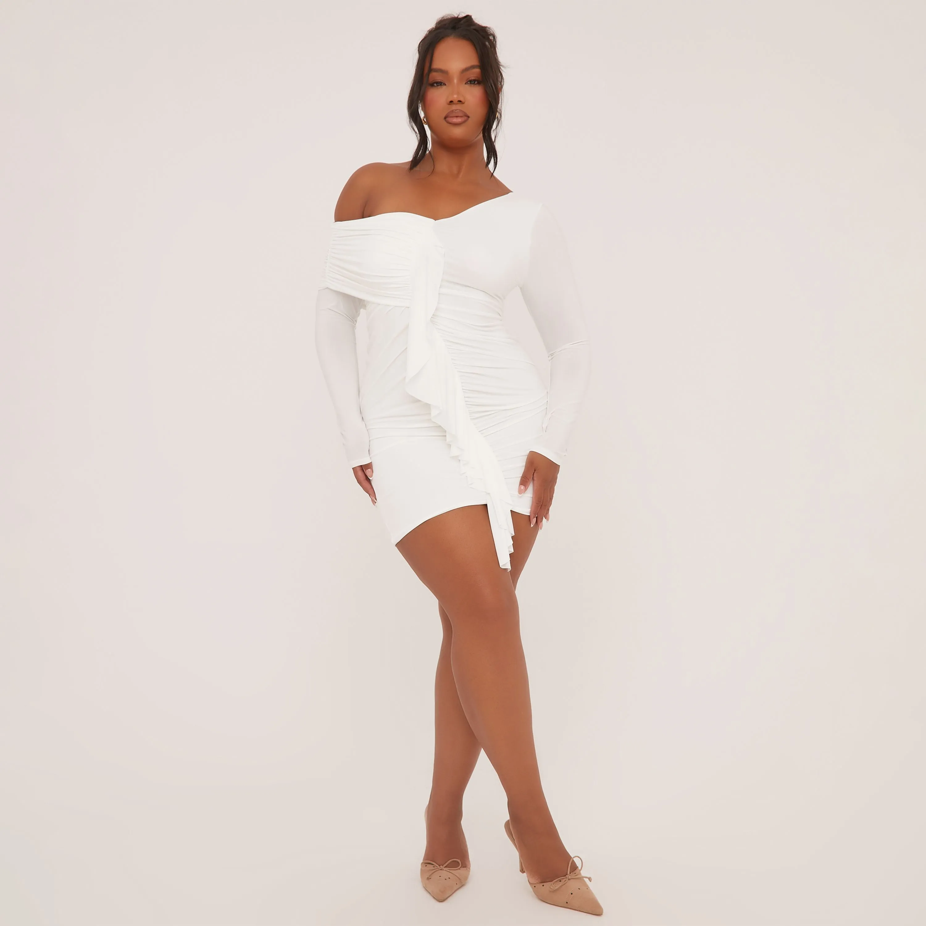 Plus Off The Shoulder Frill Front Mini Bodycon Dress In Cream