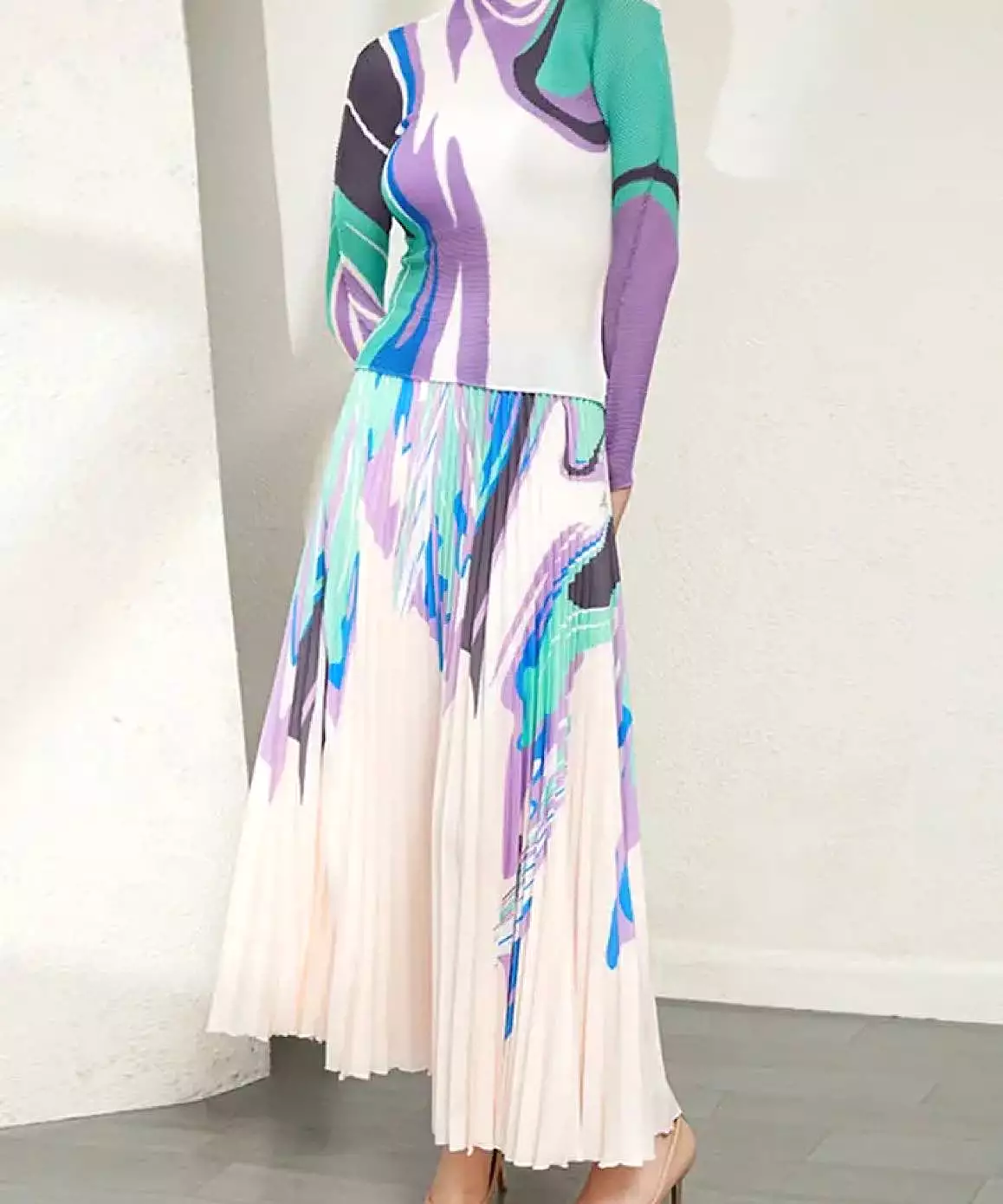 Printed Long Sleeve With Long Skirt Set In Green