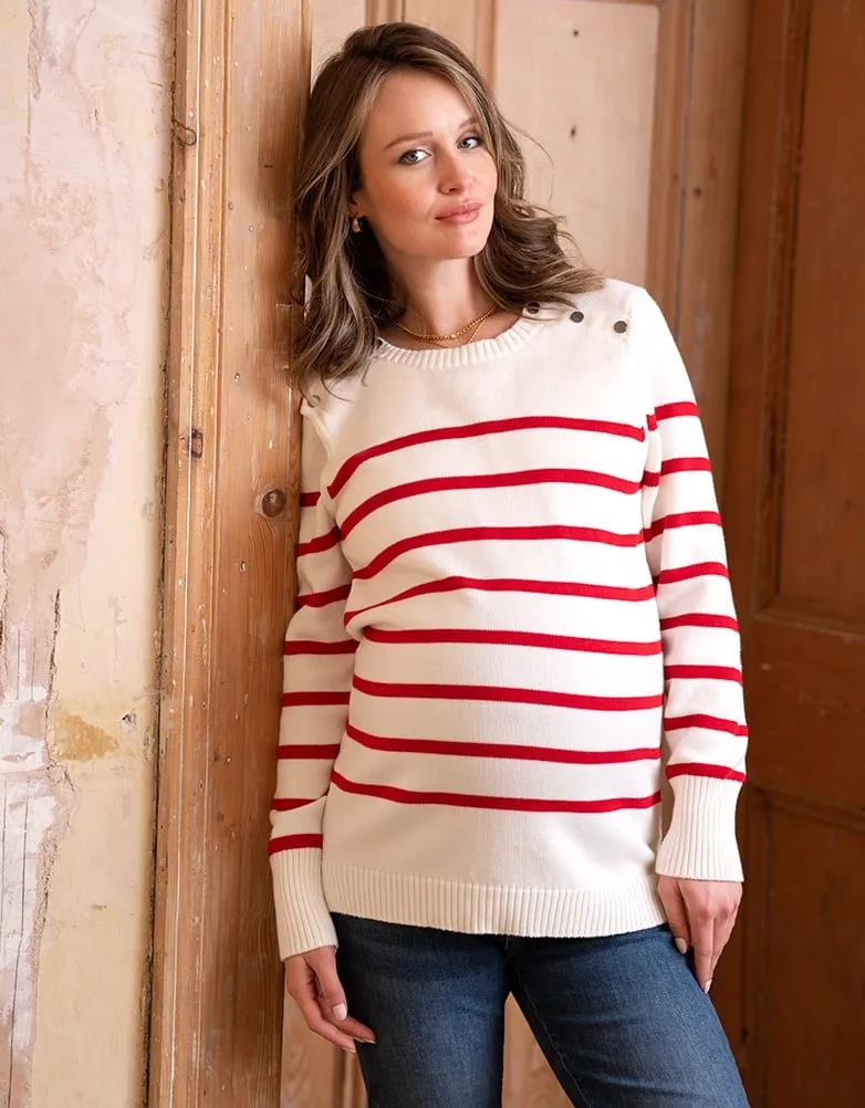 Red & White Striped Cotton Maternity & Nursing Sweater