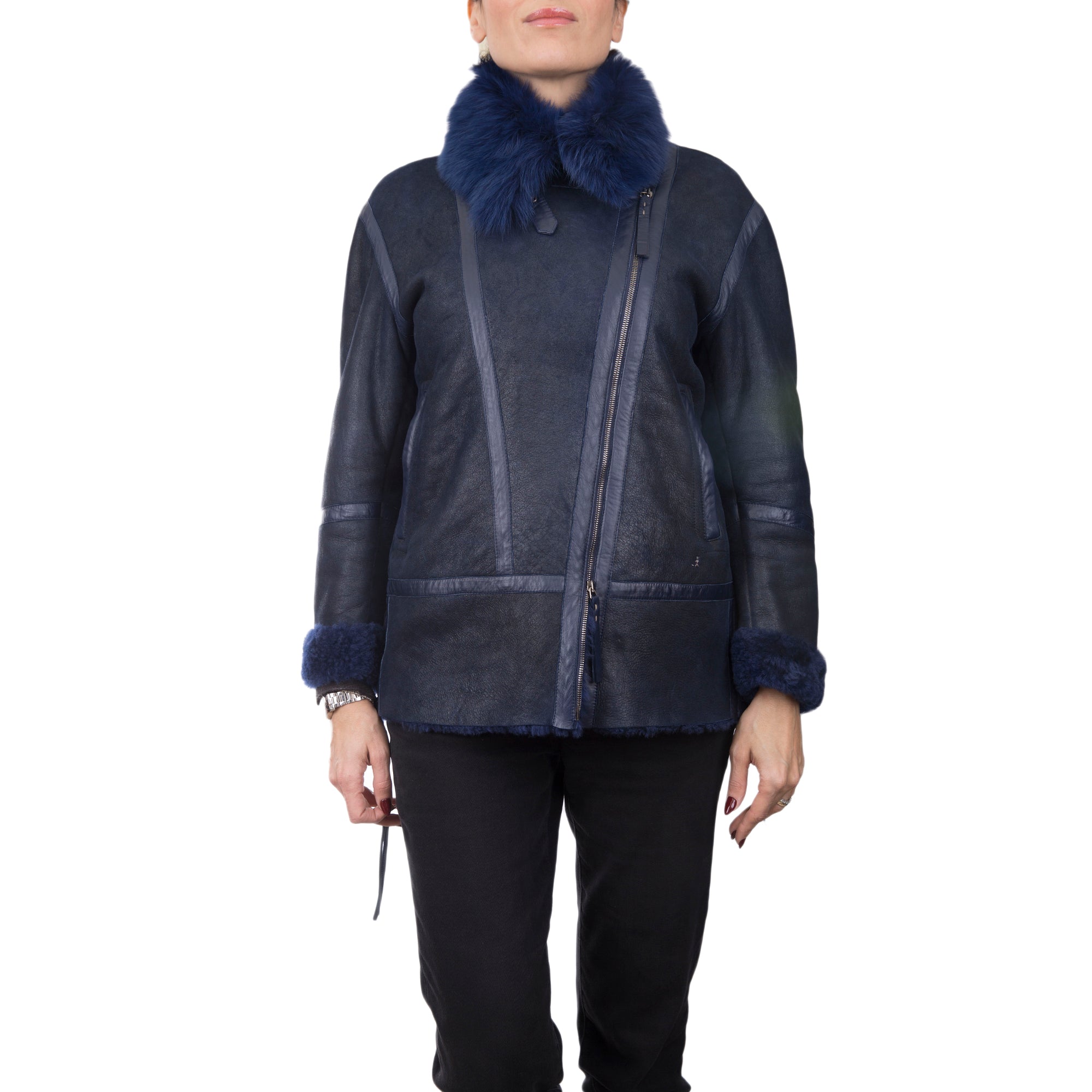 Shearling Fur Intarsia Jacket Electric Blue